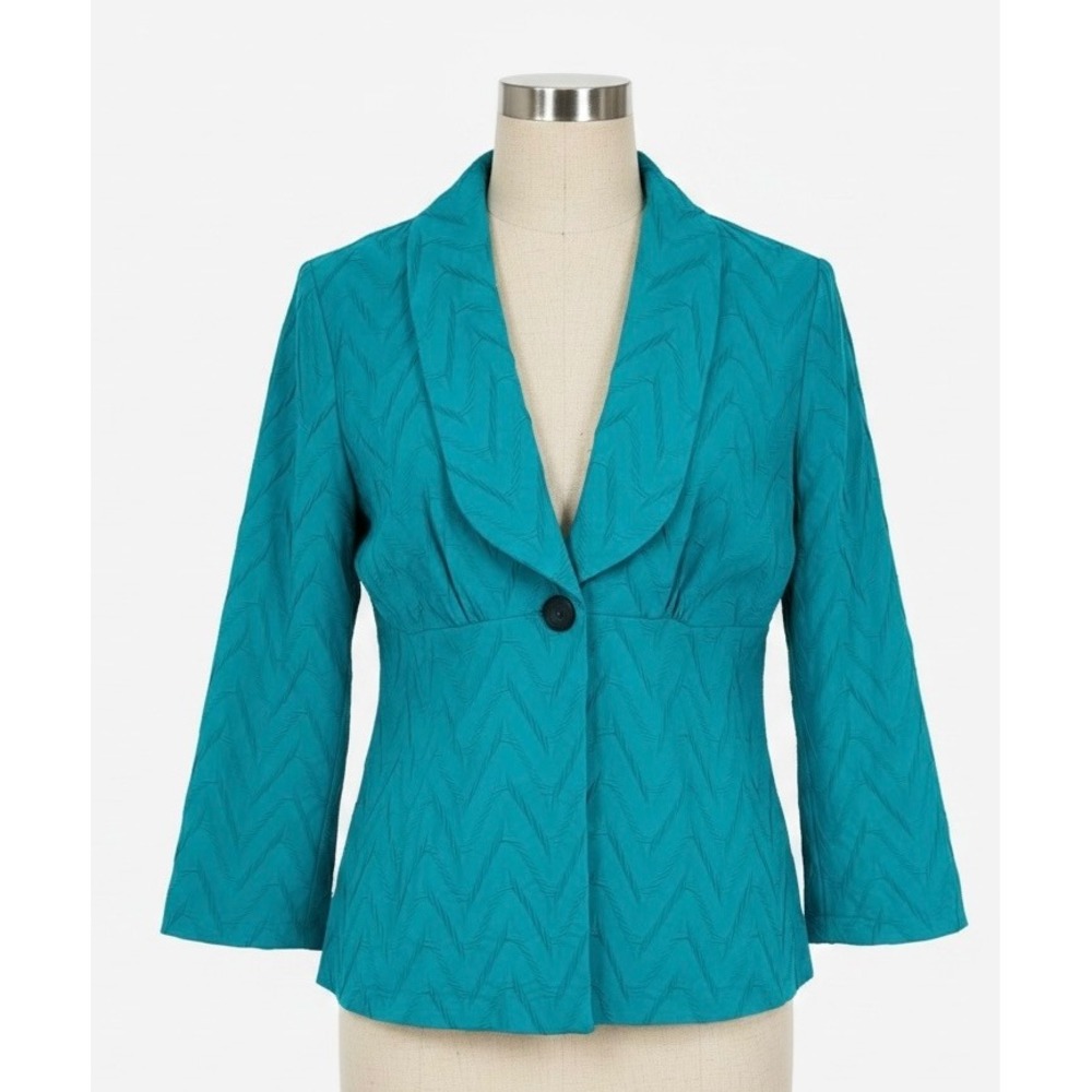Cheryl Nash Teal Textured Blazer Jacket‎ Shawl Collar Single Button Size Large
